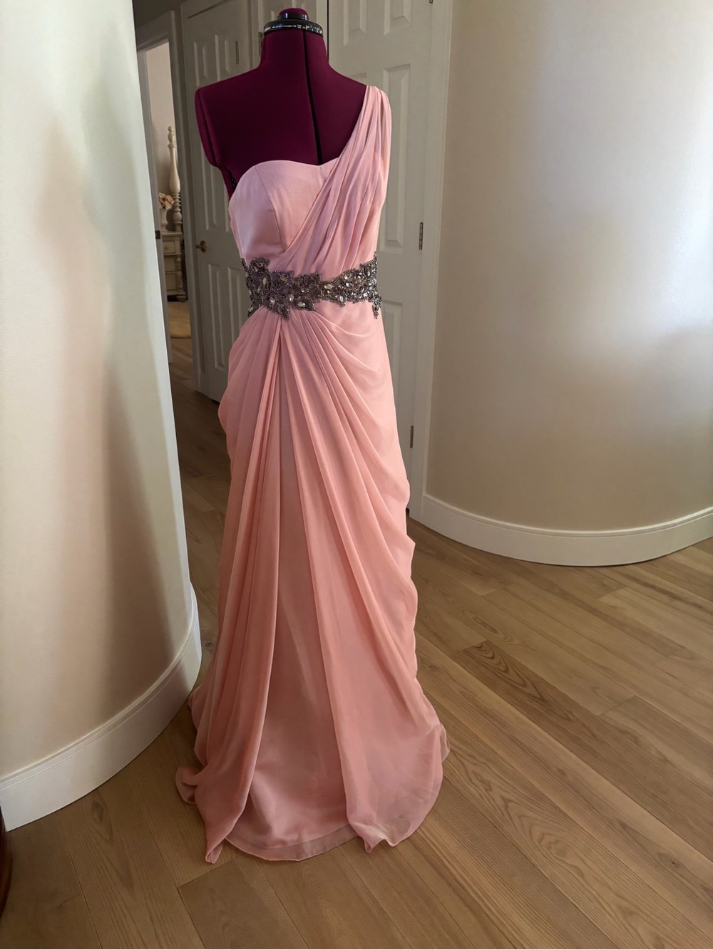 Love One-Shoulder Blush Pink Evening Gown with Jeweled Waist